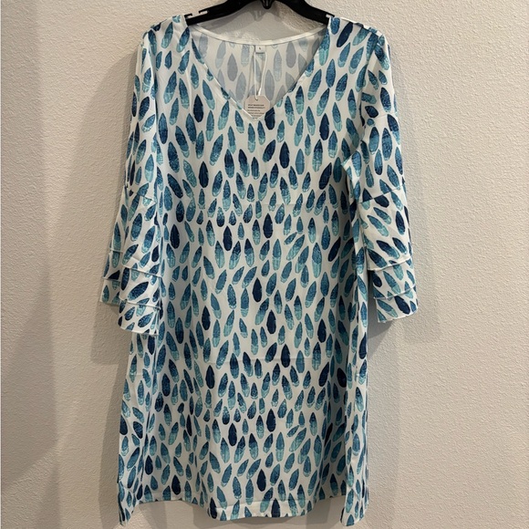 Blue and White Leaf Pattern Swim Cover-Up and summer Dress - Picture 1 of 6
